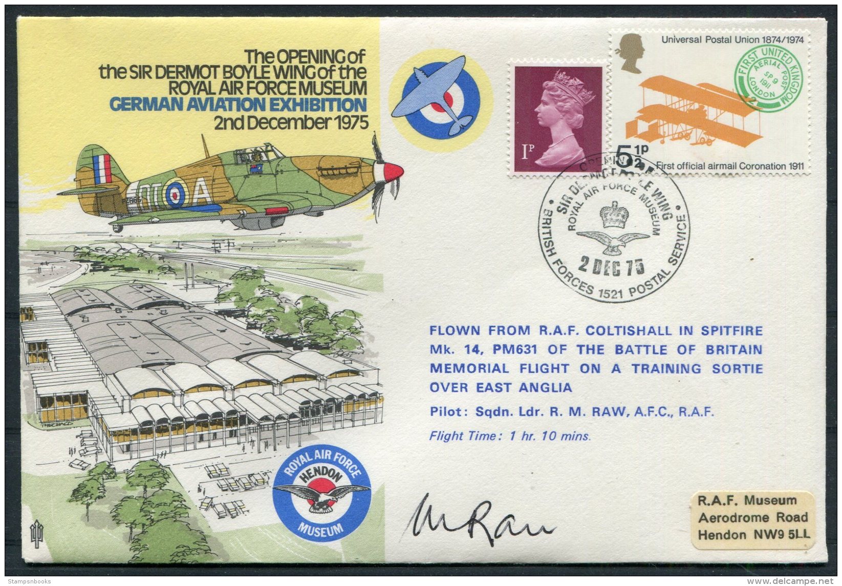 1975 GB Royal Air Force Flight Cover. BFPS  German Aviation Exhibition Spitfire Pilot SIGNED RAF Coltishall Hendon - Covers & Documents