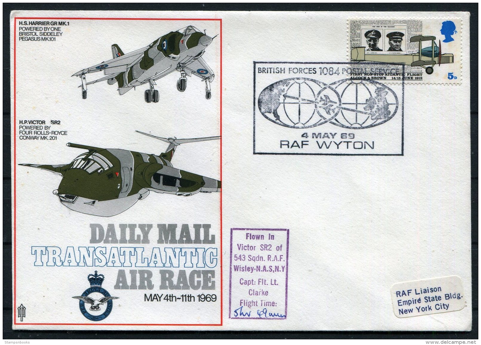 1969 GB Royal Air Force Flight Cover. Harrier, Victor BFPS - Empire State Building New York USA - Covers & Documents