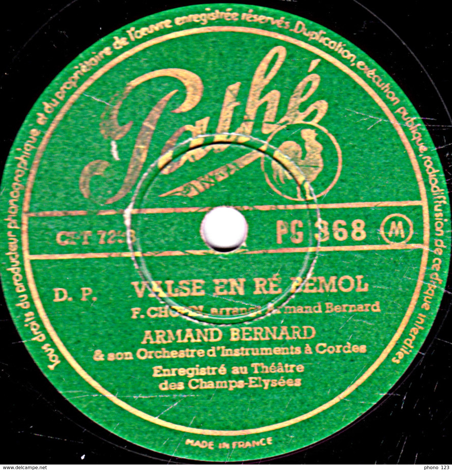 78 T. - 25 Cm - état  TB -  ARMAND BERNARD - VALSE EN RE BEMOL - VALSE DES FLEURS - 78 T - Disques Pour Gramophone