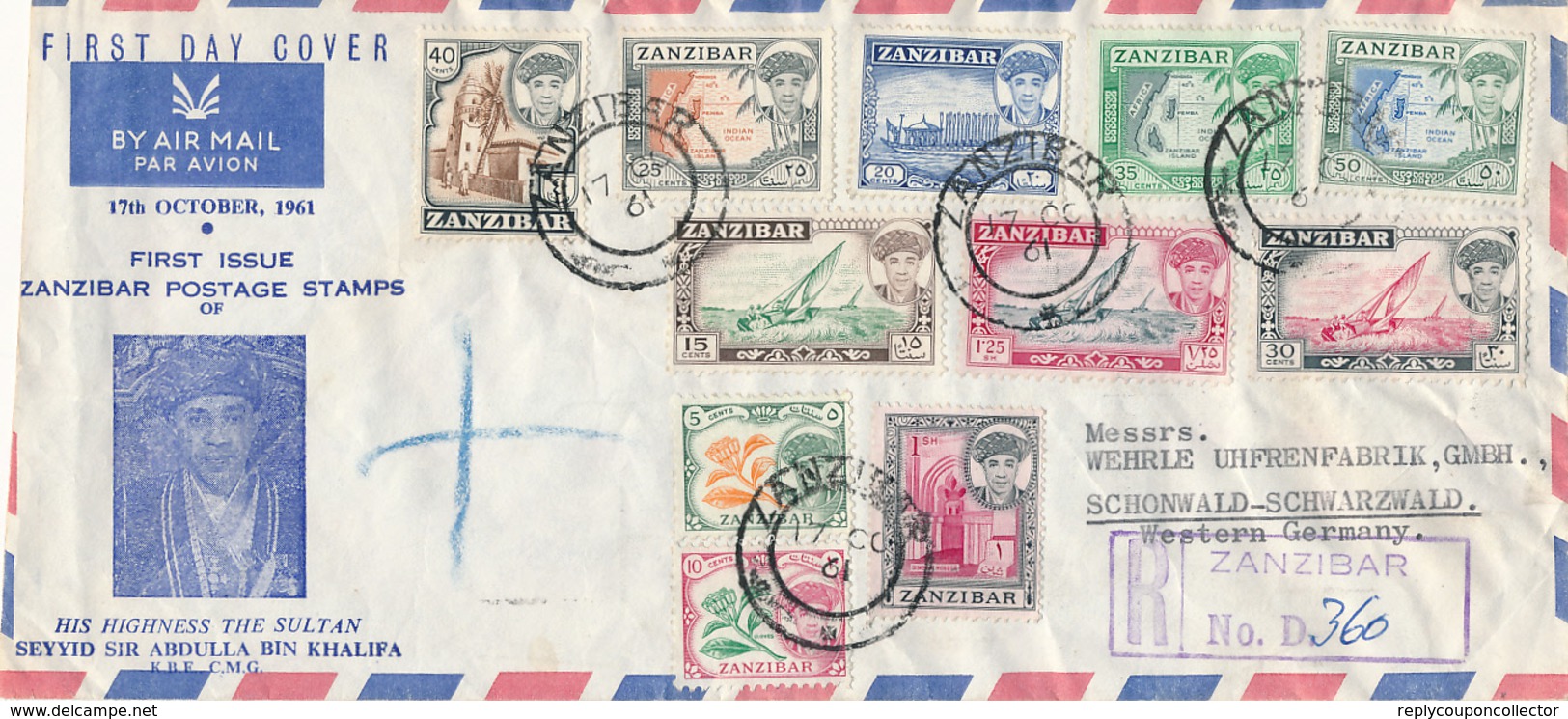 ZANZIBAR , SANSIBAR - 17.10.1961  FD  ,  R-Letter To Schönwald / Schwarzwald  -  Big Letter, Dispatch = 6,70 EURO (regis - Zanzibar (1963-1968)