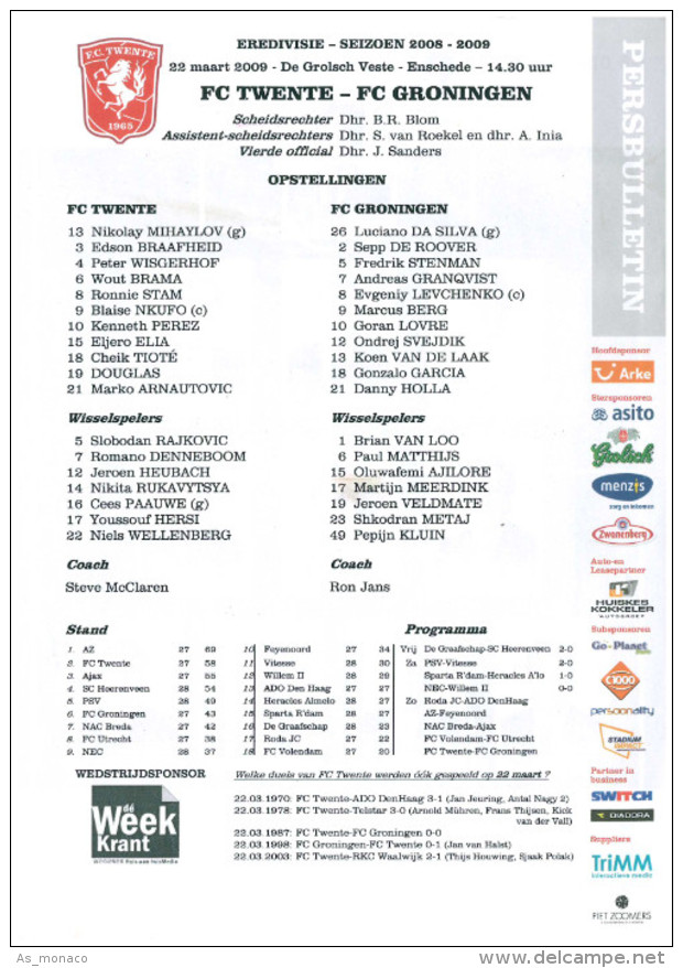 Team Sheet Football 2008 2009 : Twente Enschede V FC Groningen (Holland) - Books