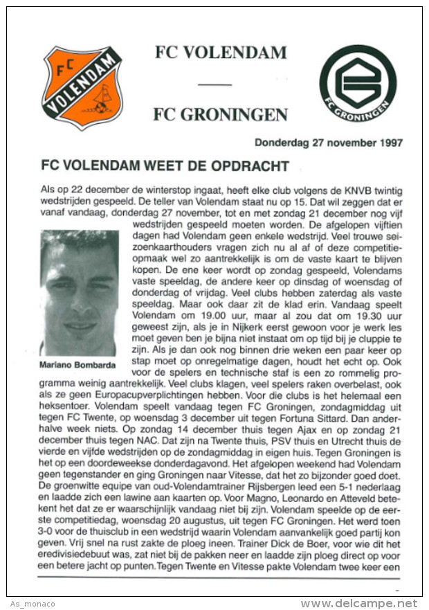 Programme Football 1997 1998 : FC Volendam V FC Groningen (Holland) - Boeken