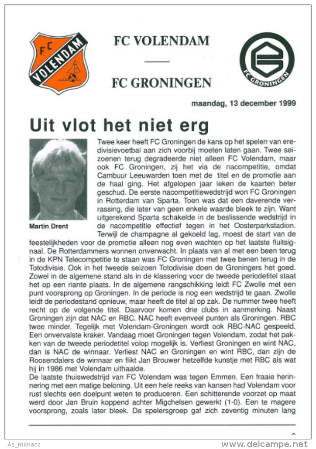 Programme Football 1999 2000 : FC Volendam V FC Groningen (Holland) - Boeken