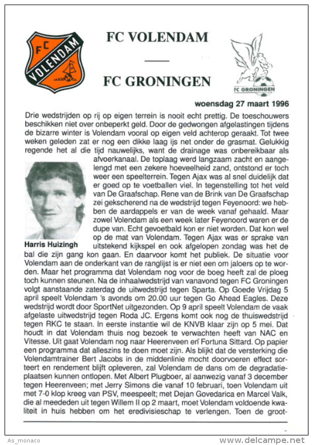 Programme Football 1995 1996 : FC Volendam V FC Groningen (Holland) - Books