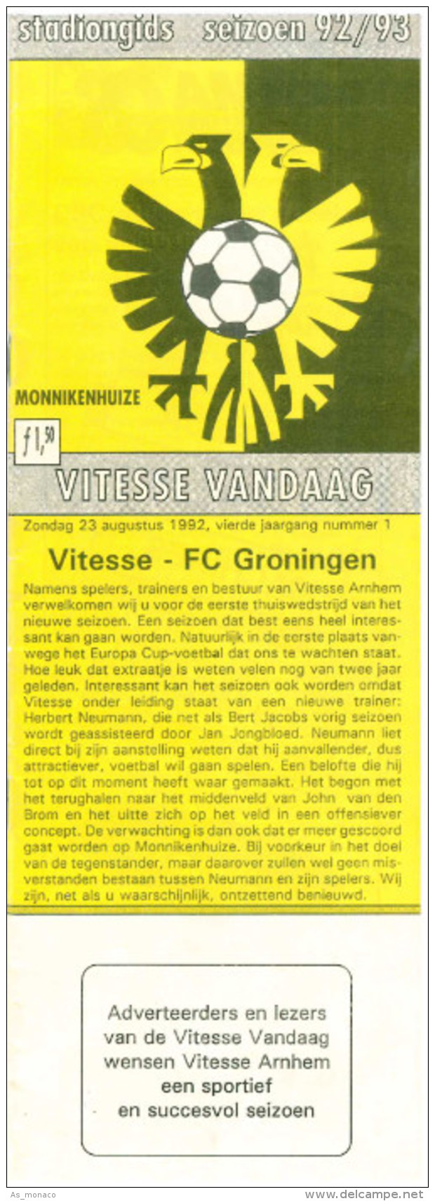 Programme Football 1992 1993 : Vitesse Arnhem V FC Groningen (Holland) - Boeken