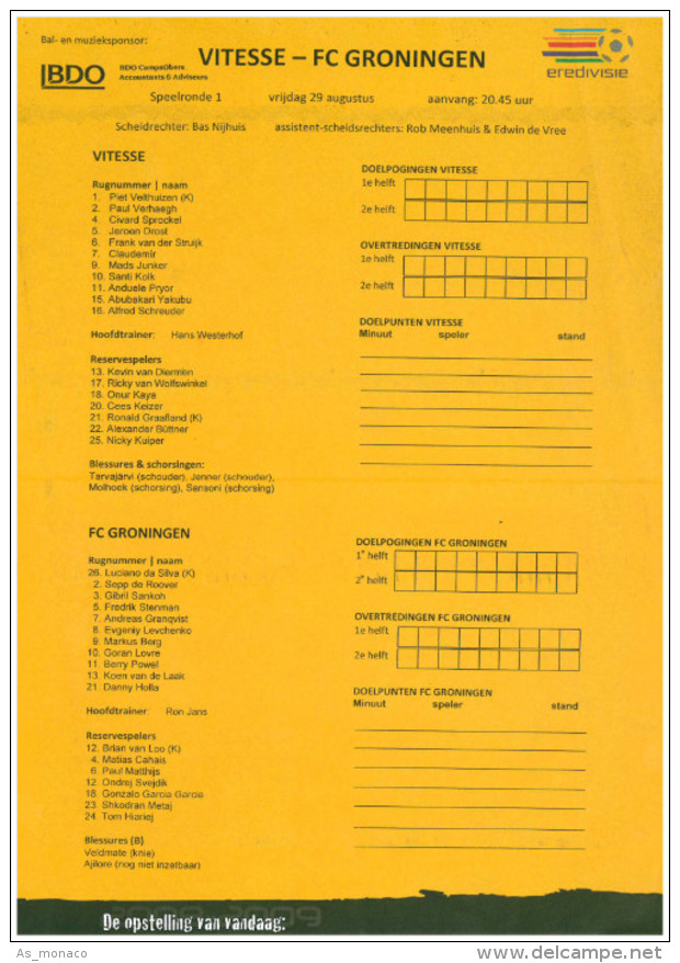 Team Sheet Football 2008 2009 : Vitesse Arnhem V FC Groningen (Holland) IS OOK PRESENTATIEGIDS - Boeken