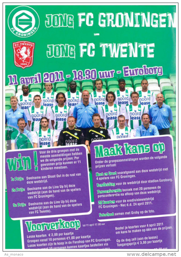 Flyer Football 2010 2011 : Jong FC Groningen V Jong FC Twente Enschede (Holland) NO PROGRAMME! - Boeken