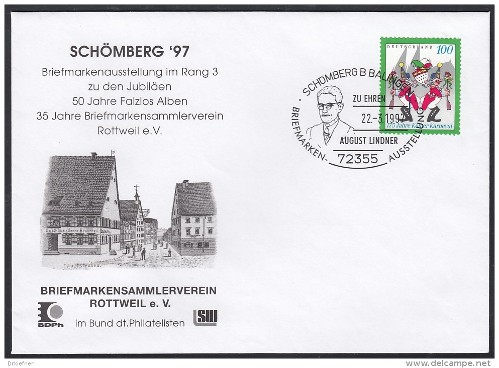 BRD 1903 Auf Sonderumschlag Mit Sonderstempel: Schömberg B Balingen Zu Ehren August Lindner 22.3.1997, Karneval - Maschinenstempel (EMA)