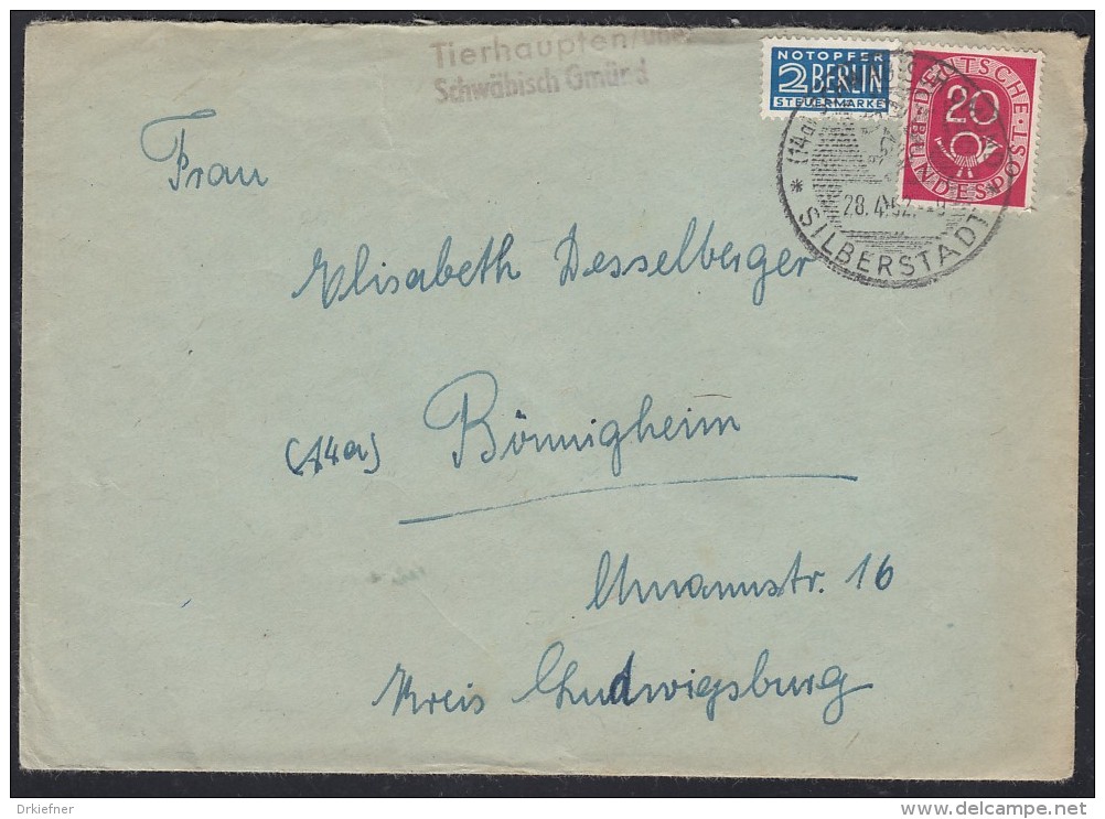 BRD 130 Auf Brief Mit Landpoststempel: Tierhaupten/über Schwäbisch Gmünd Postst: Schwäbisch Gmünd Silberstadt 28.4.1952 - Briefe U. Dokumente