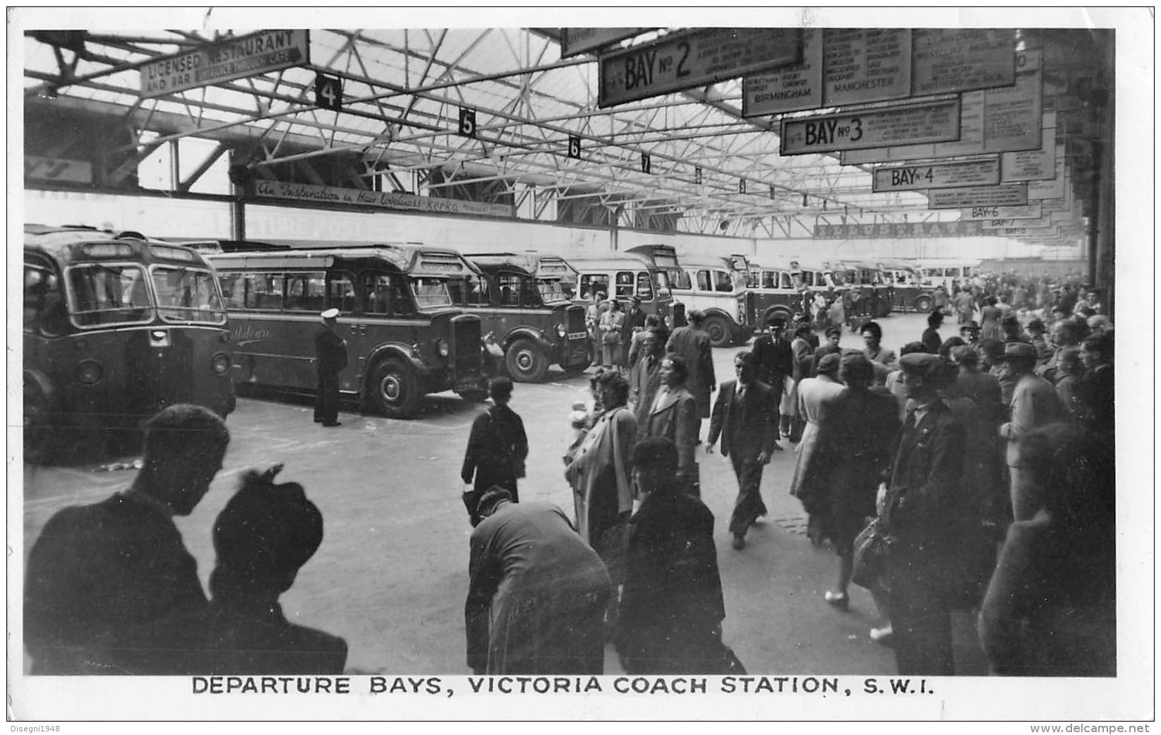 06461 "LONDON - DEPARTURE BAYS, VICTORIA COACH STATION, S.W.1" ANIMATA, BUS  ANNI '30/'40. CART. ILL. ORIG. SPED. 1949 - Other & Unclassified