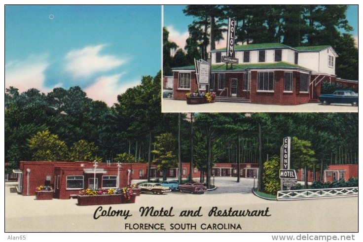 Florence South Carolina, Colony Motel And Restaurant, Auto, C1950s Vintage Postcard - Florence
