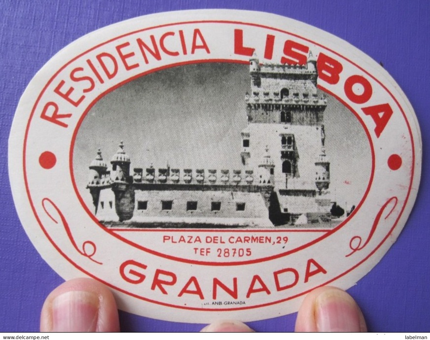 HOTEL MOTEL PENSION ALBERGO LISBOA GRANADA SPAIN TAG DECAL LUGGAGE LABEL ETIQUETTE AUFKLEBER - Hotel Labels