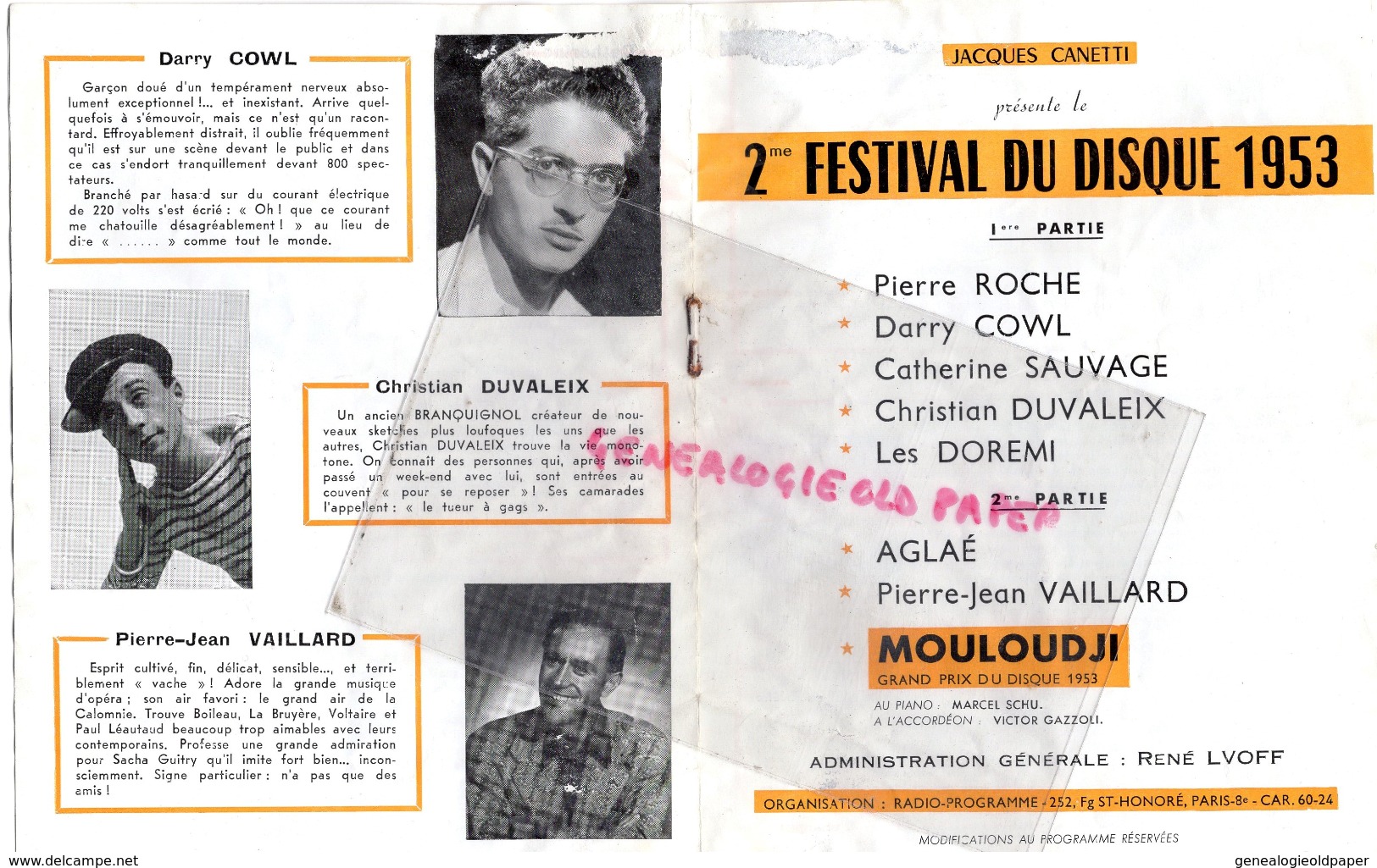 PROGRAMME JACQUES CANETTI- 2EME FESTIVAL DU DISQUE 1953- AGLAE- PIERRE JEAN VAILLARD-MOULOUDJI-DARRY COWL-PIERRE ROCHE- - Programme