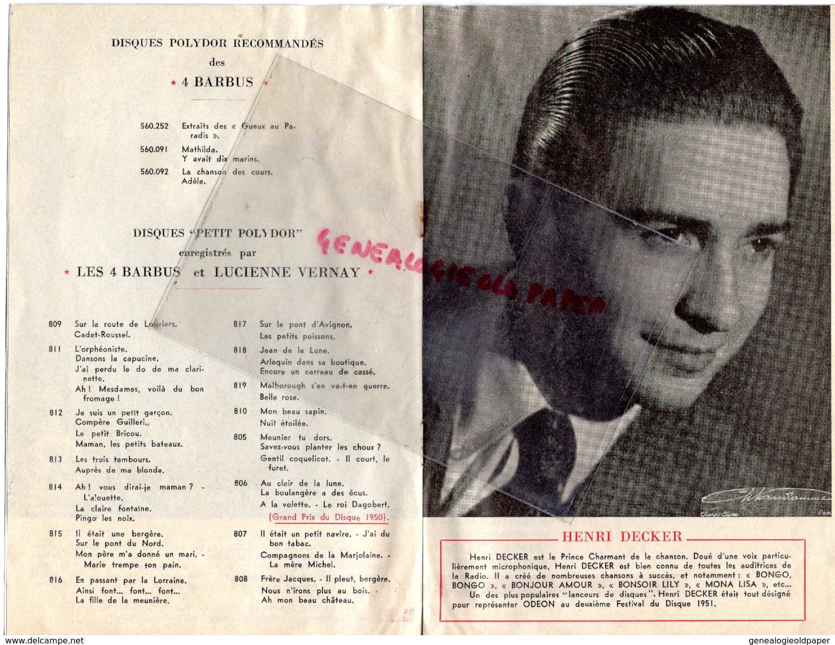 PROGRAMME CANETTI-2E FESTIVAL VEDETTES DISQUE 1951-DARY COWL-MICHEL LEGRAND-ROBERT LAMOUREUX-LES 4 BARBUS-FRANCOIS - Programmes