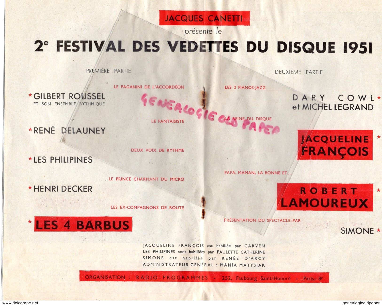 PROGRAMME CANETTI-2E FESTIVAL VEDETTES DISQUE 1951-DARY COWL-MICHEL LEGRAND-ROBERT LAMOUREUX-LES 4 BARBUS-FRANCOIS - Programas