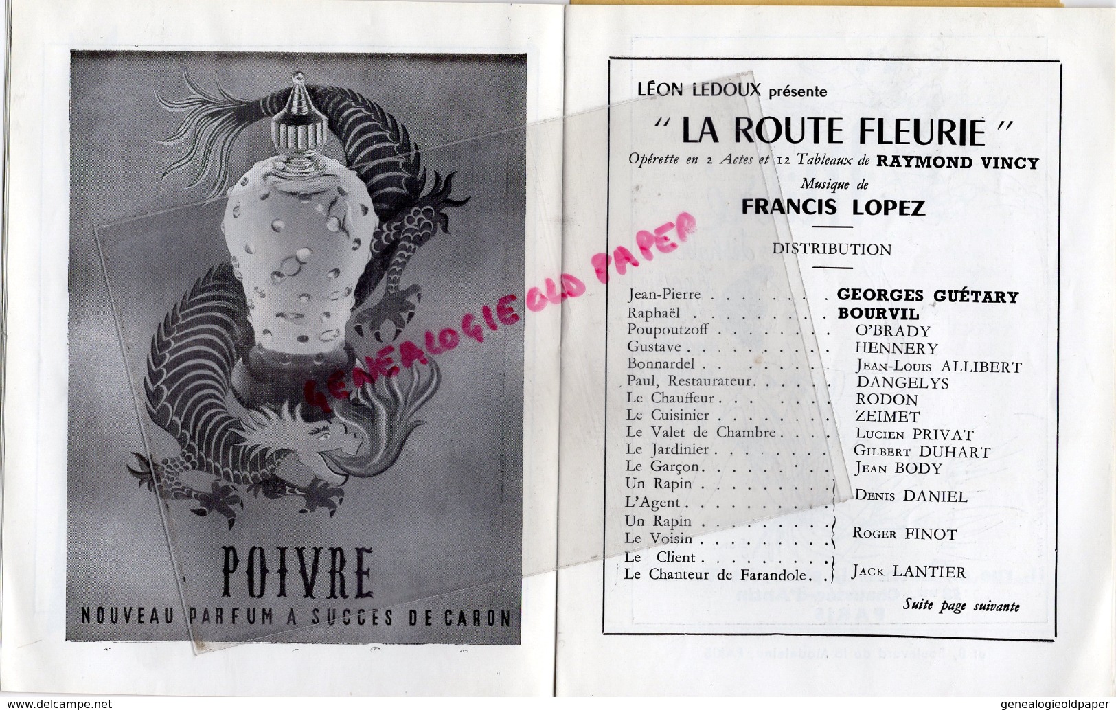 PROGRAMME THEATRE DU RIRE CHANSON-11 BD POISSONNIERE-PARIS-LEON LEDOUX-BOURVIL-GUETARY-LOPEZ-VINCY-LA ROUTE FLEURIE