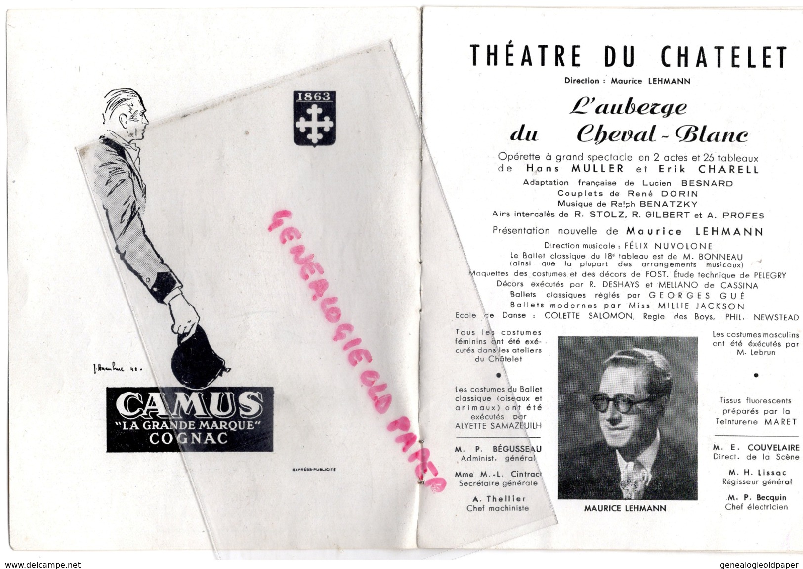 PROGRAMME THEATRE DU CHATELET-AUBERGE CHEVAL BLANC-MAURICE LEHMANN-LUC BARNEY-MARCEL CARPENTIER-YVONNE DARRIES-DELILLE - Programme