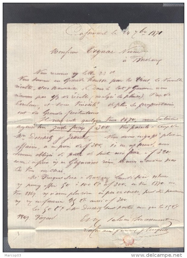 LOT ET GARONNE 47 CASSENEUIL LAC TAD Type 24 (utilisé De 8/70 à 11/71) Du 24/09/1871 GC 746 Sur N° 60 TTB - 1849-1876: Période Classique