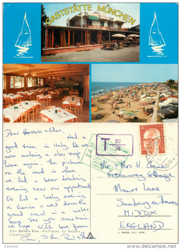 Gaststatte Munchen Restaurant Cars, Cavallino, VE Venezia, Italy Postcard Posted 1974 Stamp + Postage Due Markings - Venezia (Venice)