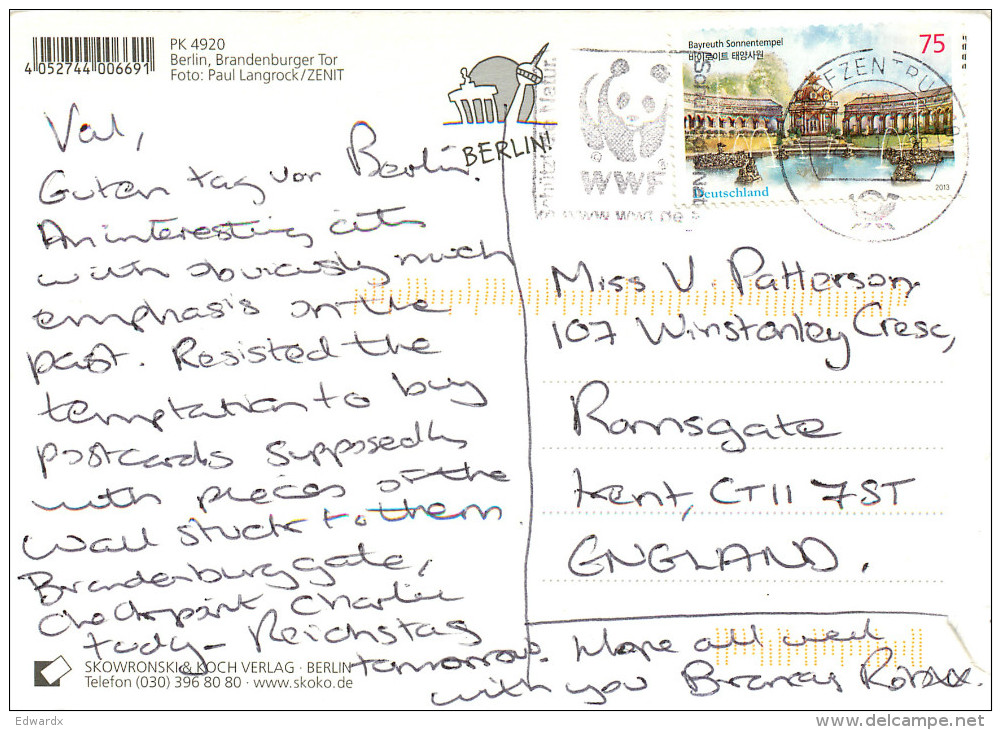 Brandenburger Tor, Berlin, Germany Postcard Posted 2013 WWF Postmark Stamp - Mitte