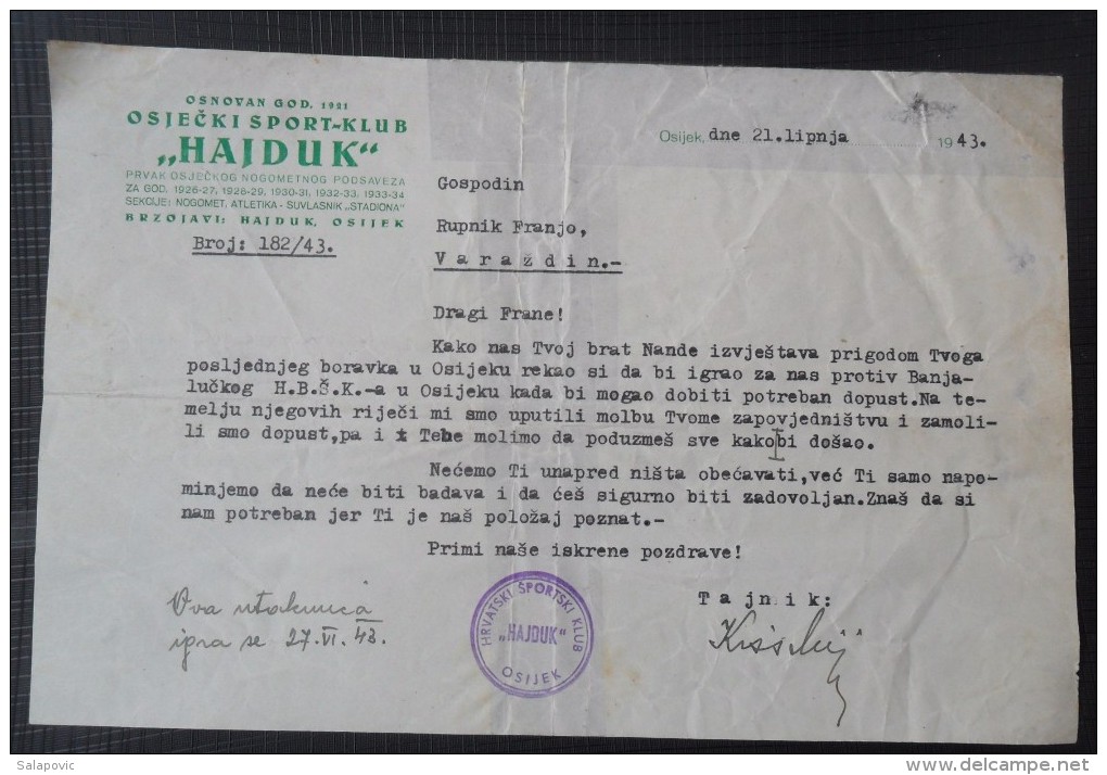 ŠPORTSKI KLUB "HAJDUK" - OSIJEK 1943, BRZOJAV, TELEGRAM,  FRANJO RUPNIK, NDH - Other & Unclassified