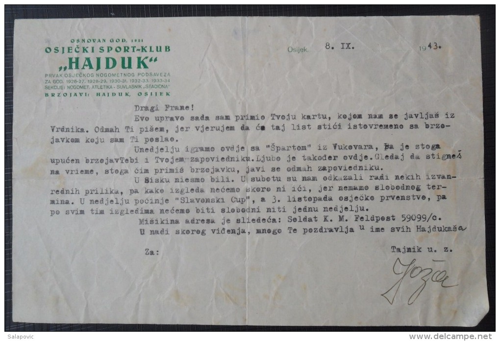 ŠPORTSKI KLUB "HAJDUK" - OSIJEK 1943, BRZOJAV, TELEGRAM,  FRANJO RUPNIK, NDH - Sonstige & Ohne Zuordnung