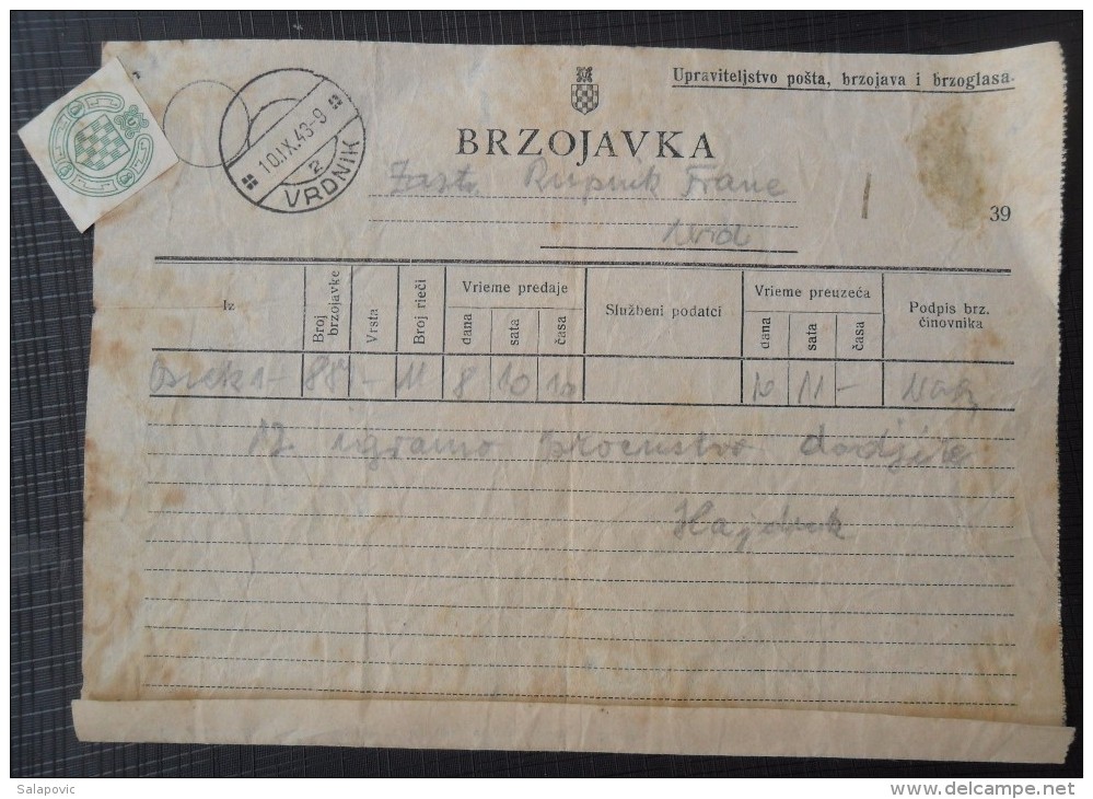 ŠPORTSKI KLUB "HAJDUK" - OSIJEK 1943, BRZOJAV, TELEGRAM, FRANJO RUPNIK, NDH - Andere & Zonder Classificatie