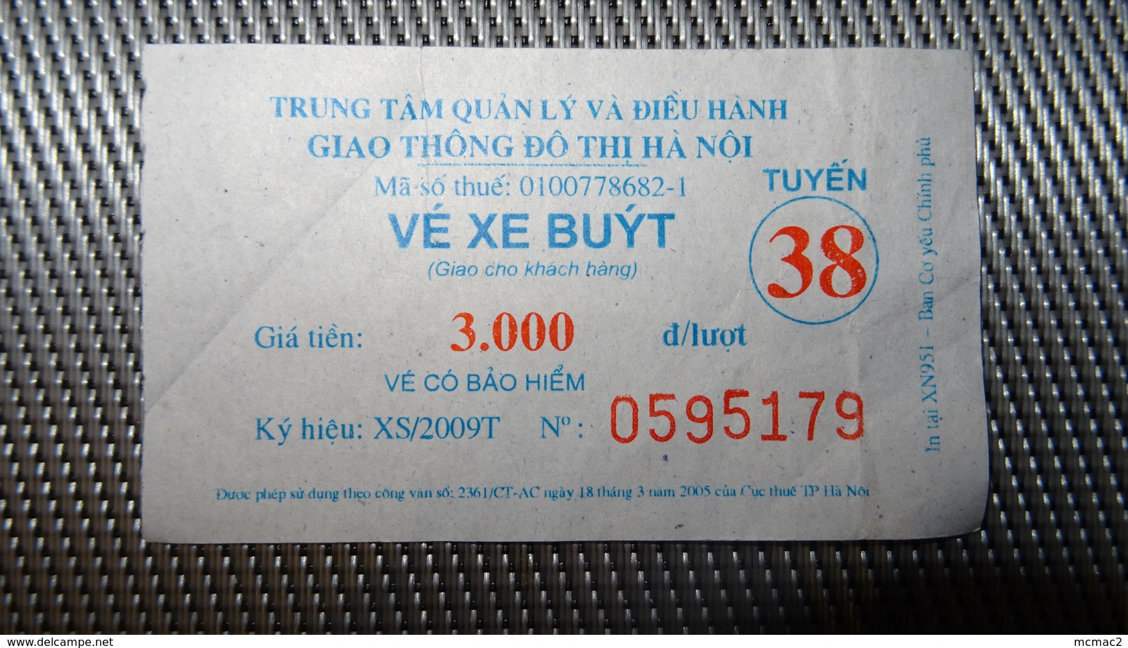 Bus Ticket From VIETNAM (Hanoi) - Bus Fahrkarte Year 2010 No 38 - Other & Unclassified