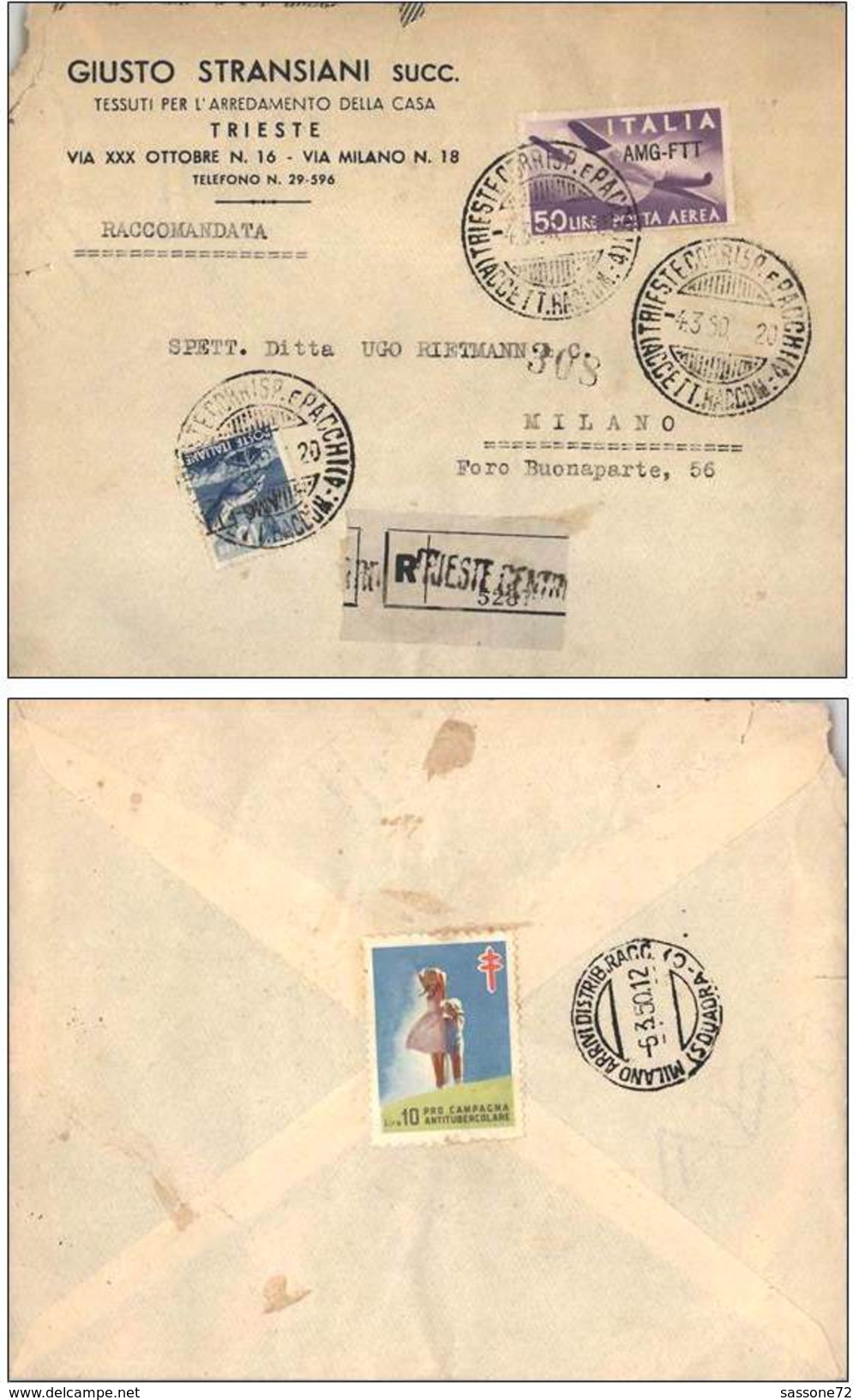 TRIESTE A 1950. POSTA AEREA £ 50 + DEMOCRATICA £ 15 IN RACCOMANDATA PER MILANO. - Storia Postale