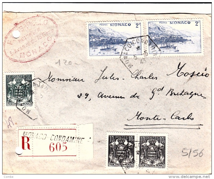 1943 MONACO LETTRE RECOMMANDE CODAMINE POUR MONTE-CARLO AU TARIF DE 4.50FS / 7702 - Cartas & Documentos