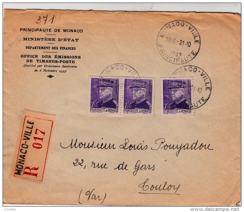 1942 MONACO LETTRE RECOMMANDE  POUR TOULON / 7861 - Cartas & Documentos