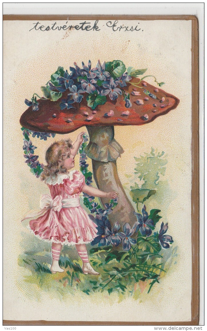 #BV5875 MUSHROOM, FLOWER, GIRL, FAIRY, ILLUSTRATION, POST CARD, 1906, HUNGARY. - Mushrooms