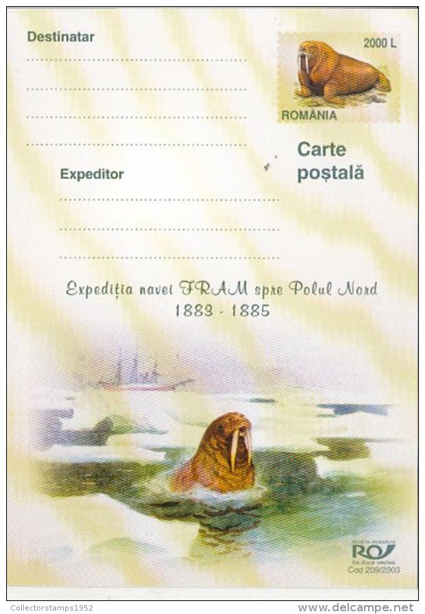 52718- FRAM SHIP ARCTIC EXPEDITION, WALRUS, POSTCARD STATIONERY, 2003, ROMANIA - Arctische Expedities