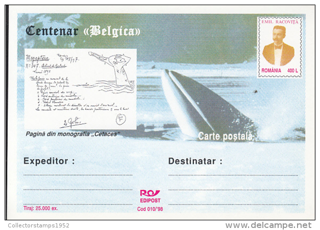 52727- BELGICA ANTARCTIC EXPEDITION, EMIL RACOVITA, WHALE, POSTCARD STATIONERY, 1998, ROMANIA - Spedizioni Antartiche