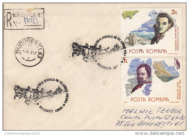 52750- DOG SLED, EXPLORERS, SPECIAL POSTMARK AND STAMPS ON REGISTERED COVER, 1988, ROMANIA - Events & Commemorations