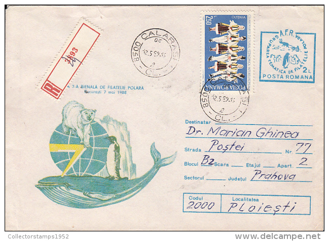 52751- POLAR BEAR, PENGUIN, WHALE, POLAR PHILATELIC EXHIBITION, REGISTERED COVER STATIONERY, 1989, ROMANIA - Events & Commemorations