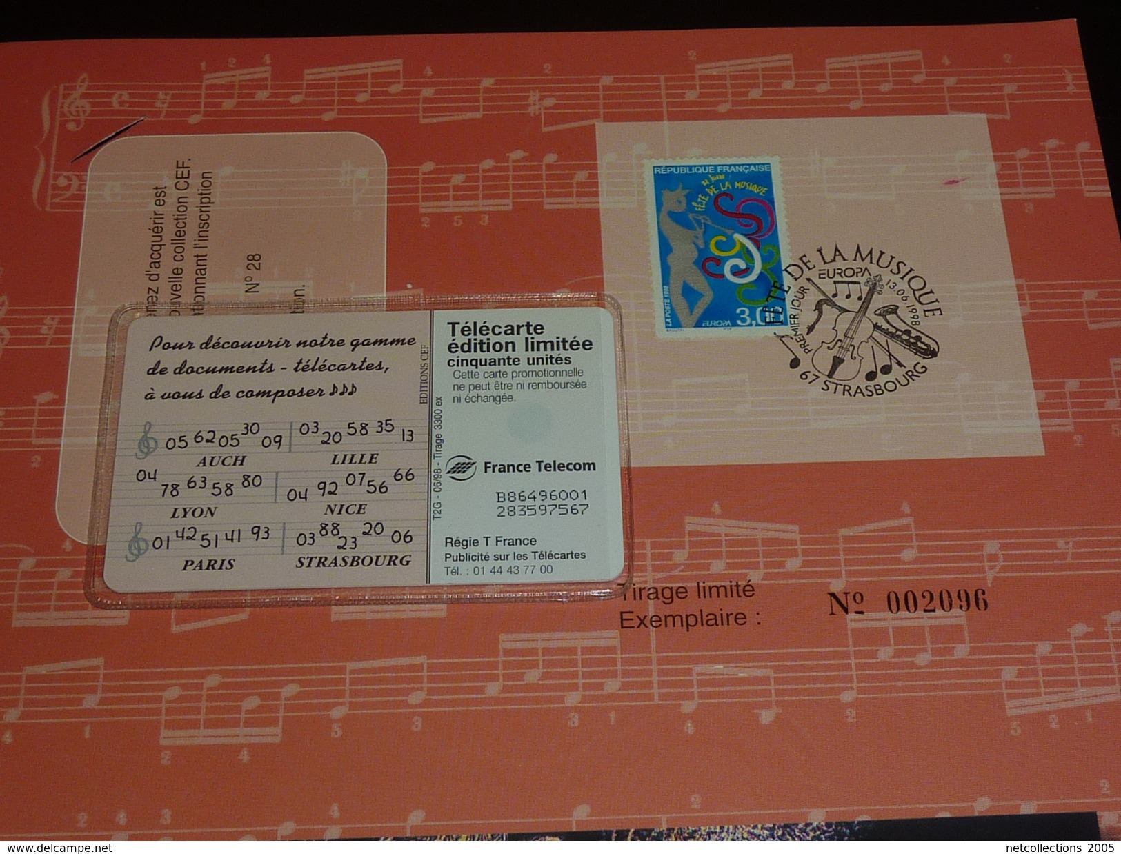 ENCART PHILATELIQUE ET LA TELECARTE DOCUMENT N°28 TIRAGE LIMITEE EXEMPLAIRE RARE - FETE DE LA MUSIQUE 1998 - Collectors