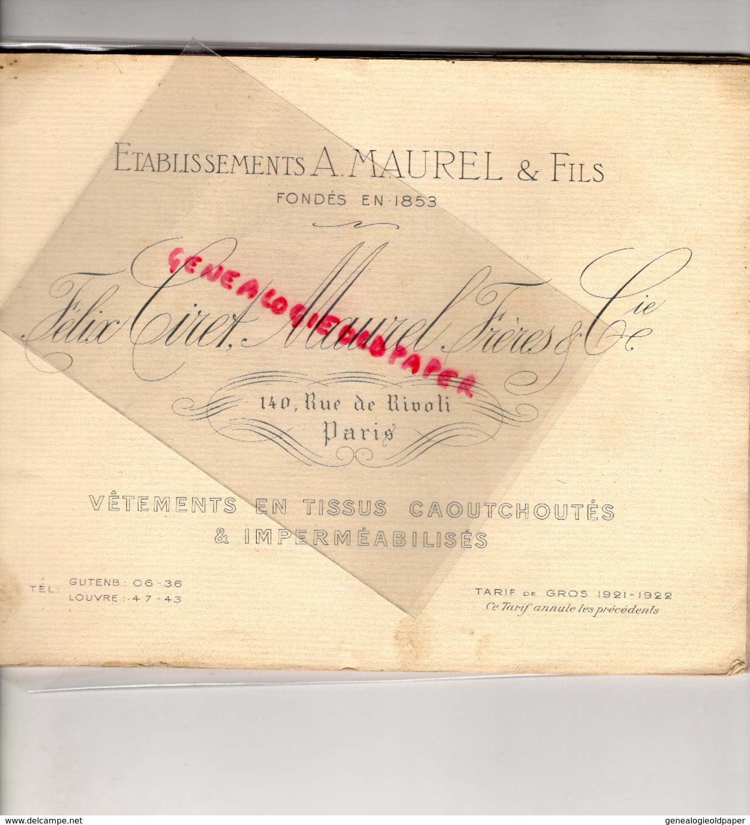 75- PARIS - 69- LYON- CATALOGUE IMPERMEABLES RIVOLIA- A. MAUREL & FILS-FELIX CIRET- 140 RUERIVOLI- CAOUTCHOUC-1921-1922 - 1900 – 1949