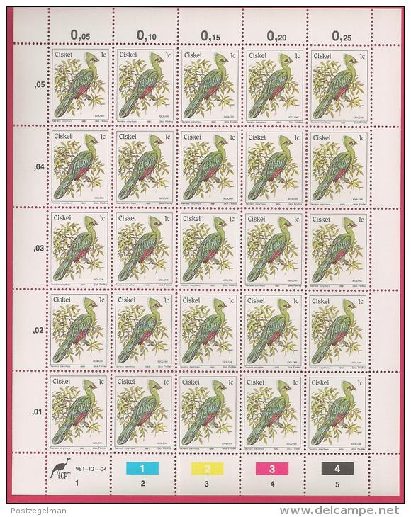 CISKEI, 1981, MNH Stamp(s) In Full Sheets, BIRDS, 5-21 - Ciskei