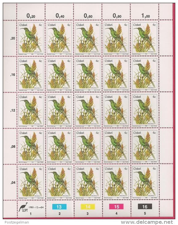 CISKEI, 1981, MNH Stamp(s) In Full Sheets, BIRDS, 5-21 - Ciskei