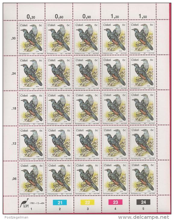 CISKEI, 1981, MNH stamp(s) in full sheets, BIRDS, 5-21