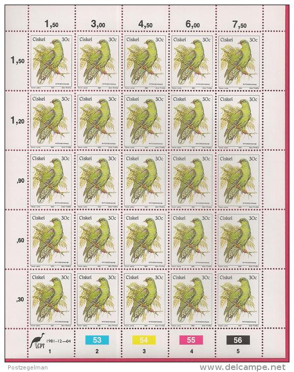 CISKEI, 1981, MNH stamp(s) in full sheets, BIRDS, 5-21