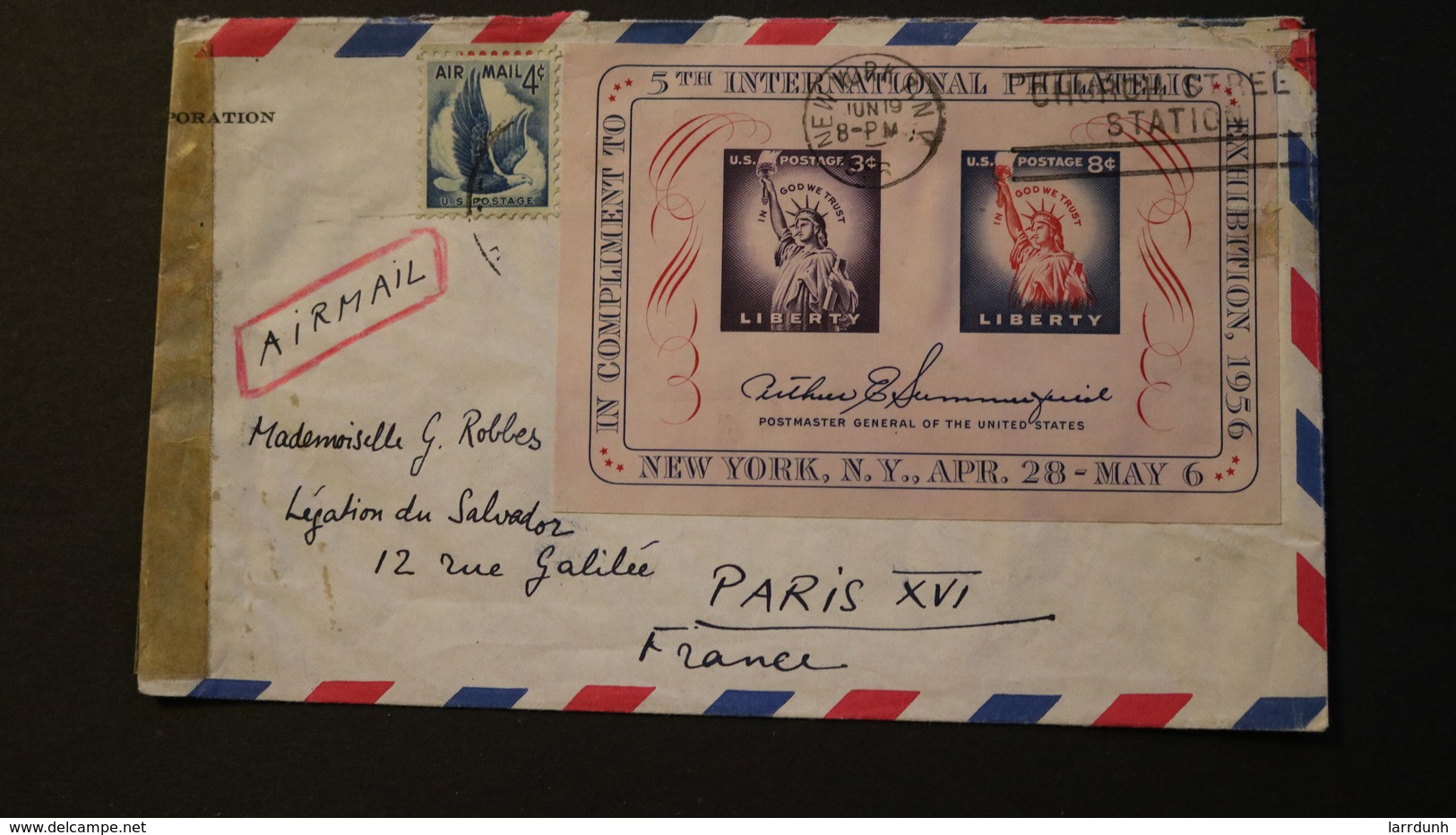 United States USA FIPEX Souvenir Sheet On Cover To France 1956 A04s - Oblitérés