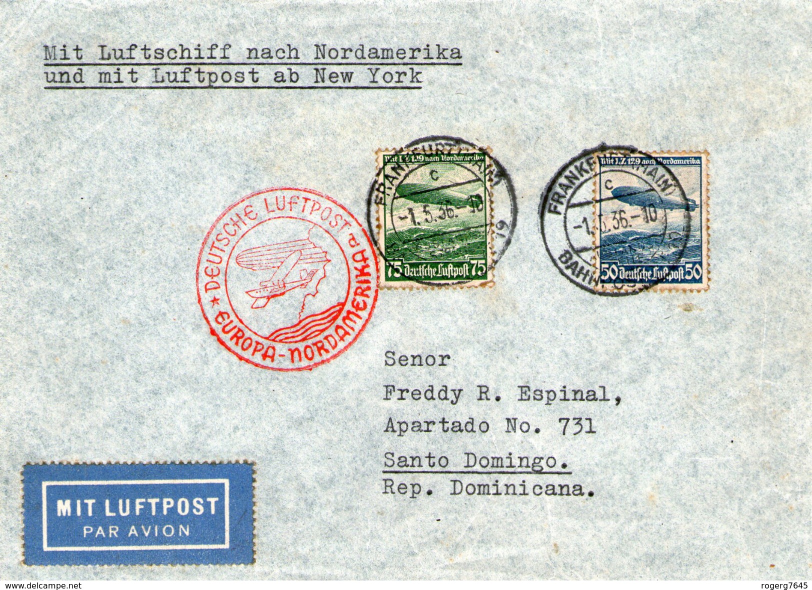 LETTRE POUR SAINT DOMINGUE VIA NEW-YORK PAR PREMIER VOL ZEPPELIN 1/5/1936  Affr; PA55&56 Yvert Et Tellier Ttb - Covers & Documents