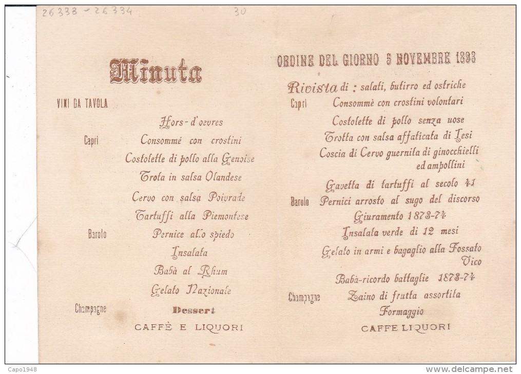 MENU ' ALBERGO BUE ROSSO E VENEZIA PRANZO VOLONTARI DI UN ANNO 1873-1874  DUE SCANNER  2 0882- 26334-333 - Menu