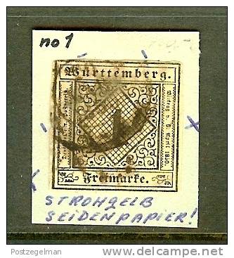 WUERTTEMBURG 1851 Used Hinged Stamp 1 Kreuzer Strohgelb 1 - Used