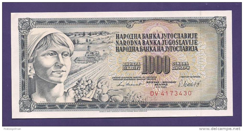 YUGOSLAVIA 1981,  Banknote , UNC, 1.000 Dinara, Km 92 - Joegoslavië