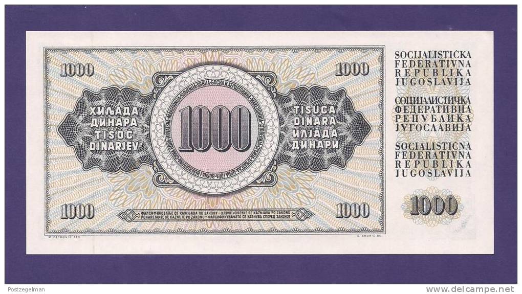 YUGOSLAVIA 1981,  Banknote , UNC, 1.000 Dinara, Km 92 - Yugoslavia