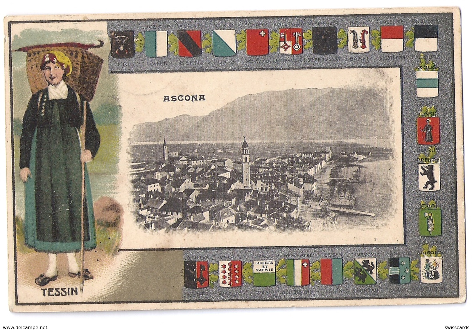 ASCONA: Trachten-/Wappenrahmen Mit Dorf 1916 - Ascona