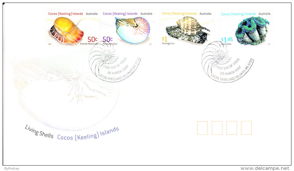 Cocos (Keeling) Islands 2007 FDC Scott #345-#347 Set Of 4 Living Shells - Cocos (Keeling) Islands